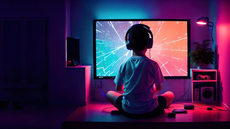 Child Headphones Playing Video Game Dark Room Rear View Banner Panorama Generative Ai