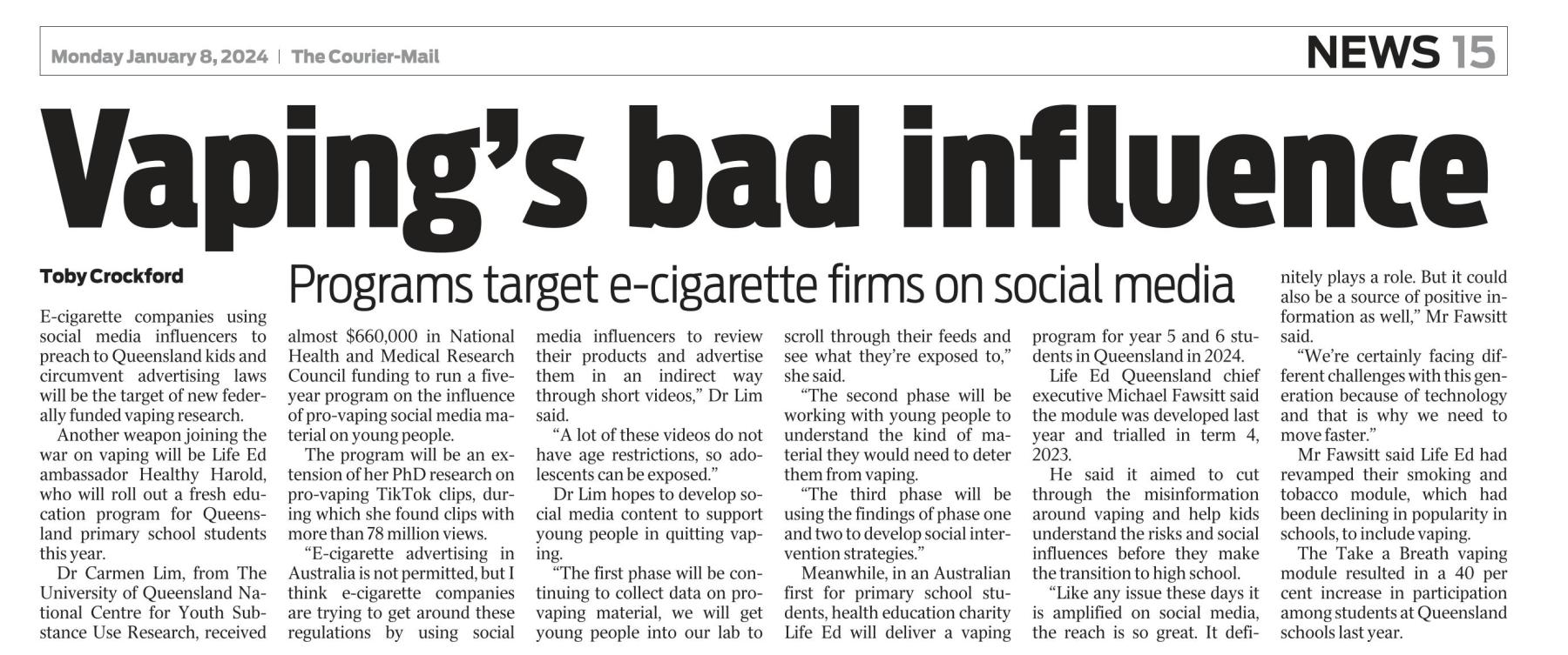 1 Courier Mail Vaping's Bad Influence (1)